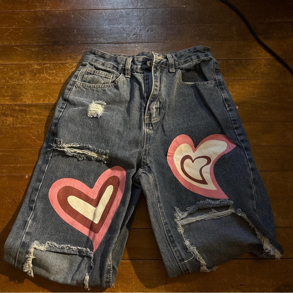 Heart Print Distressed Denim Shorts